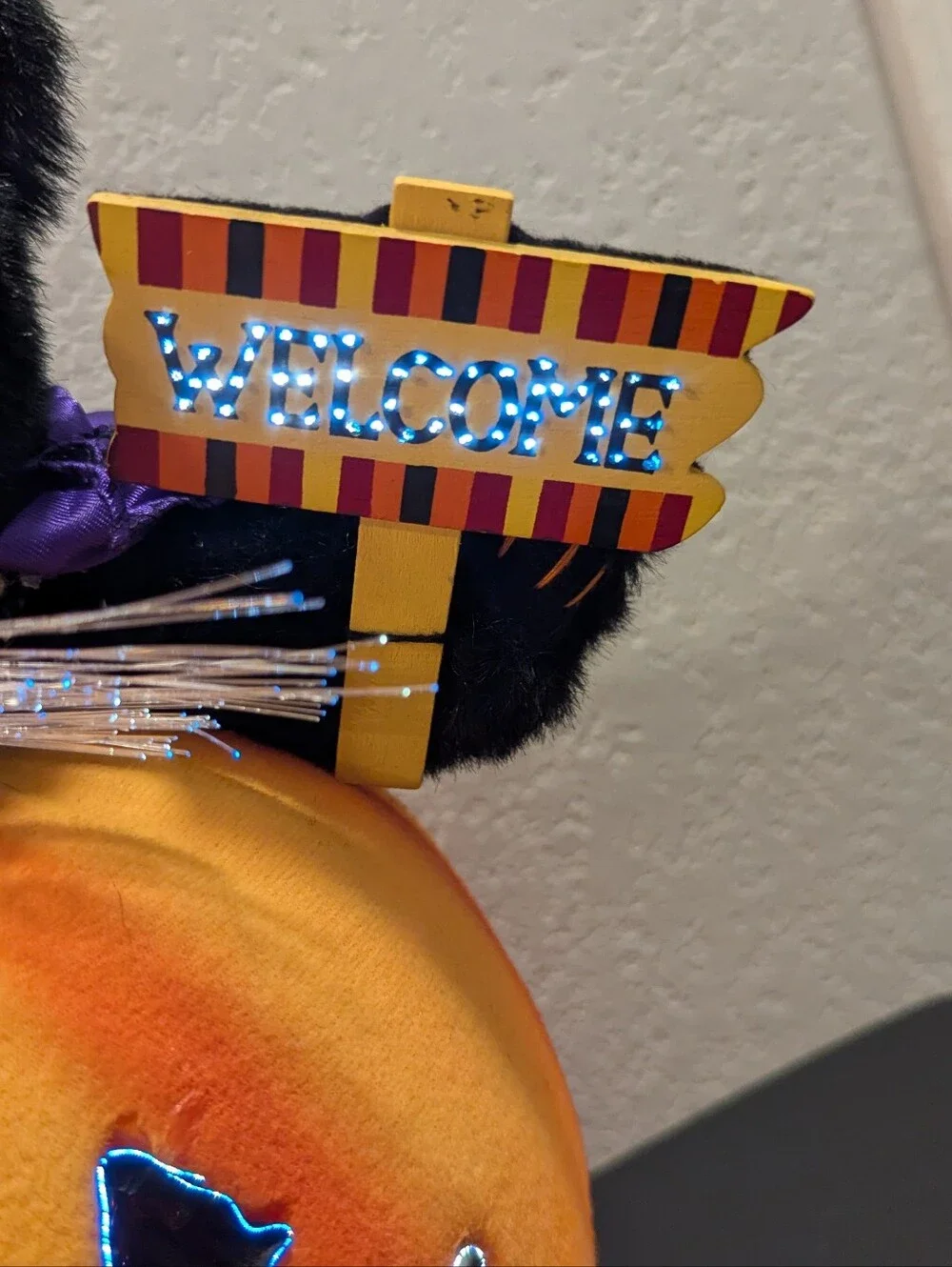 Vintage Halloween Fiber Optic Black Cat In Pumpkin Hat Cape in Pumpkin 12